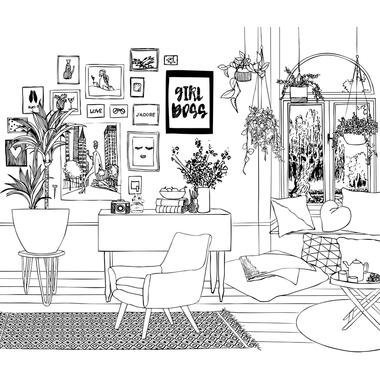 ESTAhome fotobehang - tekening woonkamer - zwart wit - 3,255 x 2,79 m product