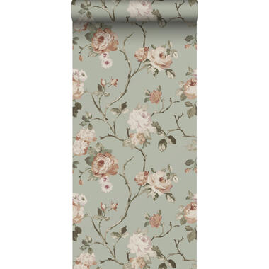 ESTAhome papier peint - fleurs vintage - vert menthe grisé et rose clair product