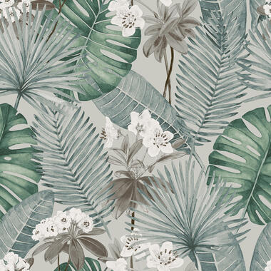 Dutch Wallcoverings - Eden bladeren/bloem grijs/groen - 0,53x10,05m product