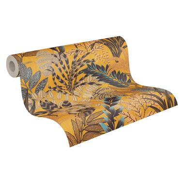 Livingwalls papier peint - feuilles tropicales - jaune ocre, bleu et beige product