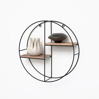 Zwart metalen wandrek met 2 houten plankjes - Rond - 37x10 cm product