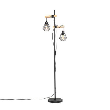 QAZQA lampadaire country noir avec bois 2 lumières - chon product