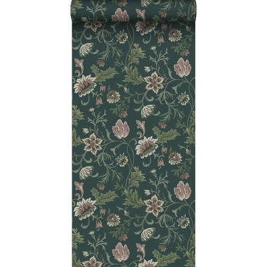 ESTAhome behang - vintage bloemen - antraciet grijs en groen - 0.53 x 10.05 m product