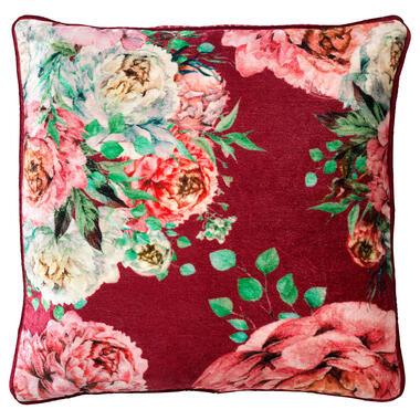 MINOU - Sierkussen 45x45 cm - velvet - bloemen - red plum - roze - rood - groen product