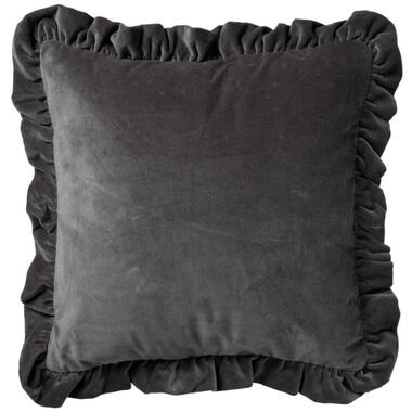 YARA - Kussenhoes 45x45 cm - 100% katoen - velvet - met ruches - Charcoal Gray - product