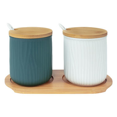 Krumble 2 keramieke potjes met lepels op houten plankje - Groen + wit product
