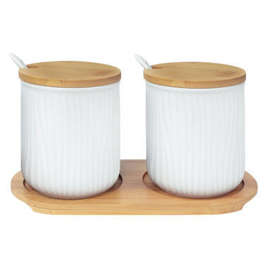 Krumble 2 keramieke potjes met lepels op houten plankje - Wit + wit product