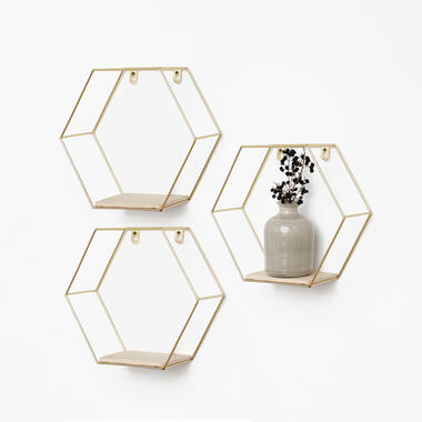 Set van 3 zeshoekige metalen wandrekjes met houten plankje - Goud product