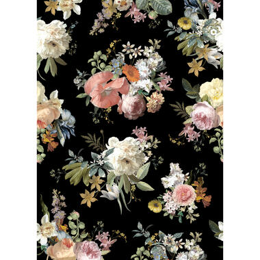 ESTAhome fotobehangpapier - vintage bloemen - multicolor op zwart product