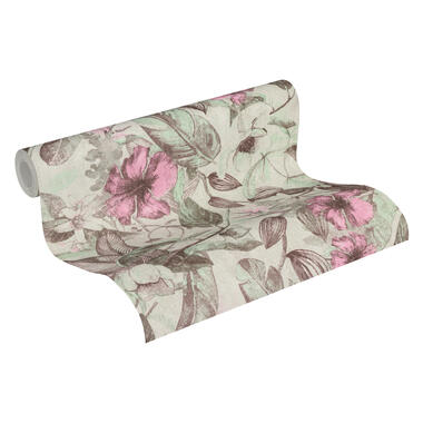 A.S. Création behangpapier - bloemen - roze, groen, bruin en grijs product