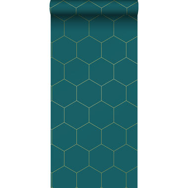 ESTAhome behangpapier - hexagon - petrolblauw en goud - 0,53 x 10,05 m product