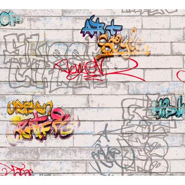 A.S. Création behangpapier - graffiti - grijs, oranje en blauw product