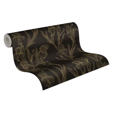 Livingwalls behangpapier - bloemen - zwart en geel - 53 cm x 10,05 m - AS product