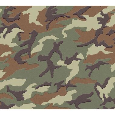 A.S. Création behang - camouflage - groen, bruin en grijs - 53 cm x 10,05 m - AS product