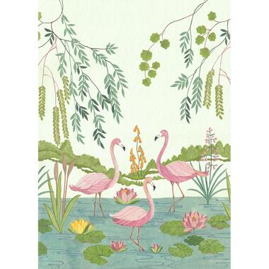 Komar fotobehangpapier - Flamingo Vibes - roze, groen en blauw - 200 x 280 cm product