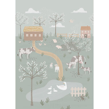 ESTAhome papier peint panoramique - les animaux de la ferme - vert grisé product