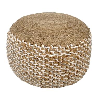 Poef - Jute kruk - Rond Ø50 x 35 cm - Deco kruk jute - Naturel/ Wit - Poef product