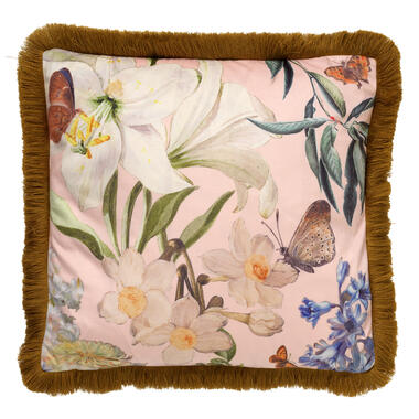 HANNA - Kussenhoes 45x45 cm - bloemen - vlinders - franjes - Dusty Pink - roze product