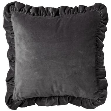 YARA - Sierkussen 45x45 cm - 100% katoen - velvet - met ruches - Charcoal Gray - product