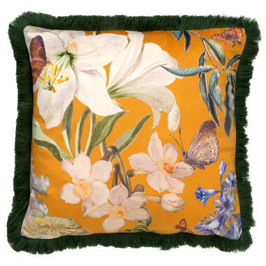 HANNA - Sierkussen 45x45 cm - bloemen - vlinders - franjes - Golden Glow - geel product