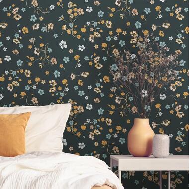 Livingwalls behangpapier - bloemmotief - zwart, geel, oranje, blauw en wit product