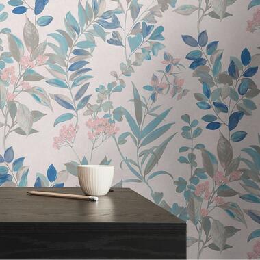 Livingwalls behang - bloemmotief - meerkleurig, wit, turquoise, grijs en roze product