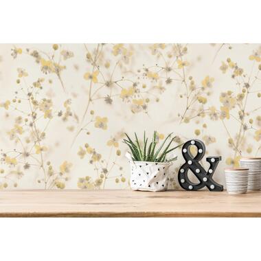 Livingwalls behangpapier - bloemmotief - geel, wit en grijs - 53 cm x 10,05 m product