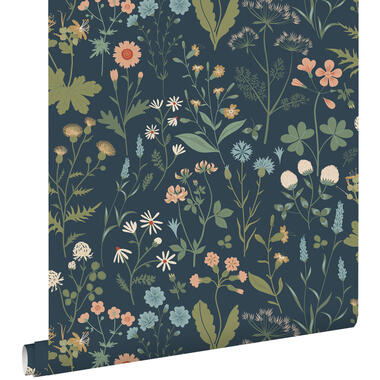 ESTAhome papier peint - fleurs des champs - bleu foncé, vert et rose product