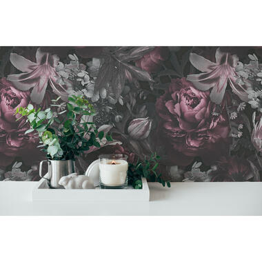 Livingwalls behang - bloemmotief - grijs, roze, zwart en wit - 53 cm x 10,05 m product