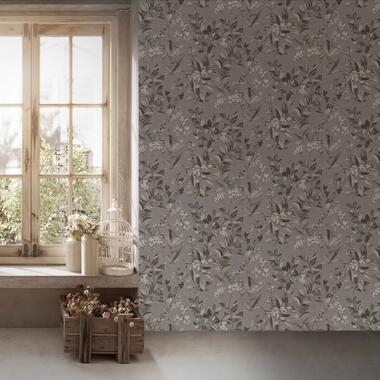 Livingwalls behangpapier - bloemmotief - grijs, wit, zwart en beige product