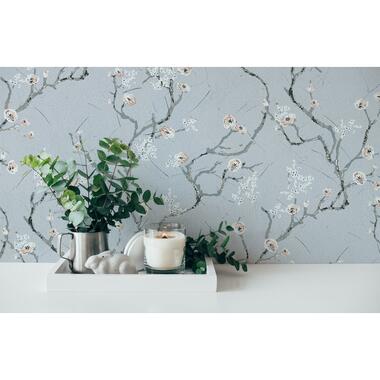 Livingwalls behangpapier - bloemmotief - grijs, bruin en wit - 53 cm x 10,05 m product