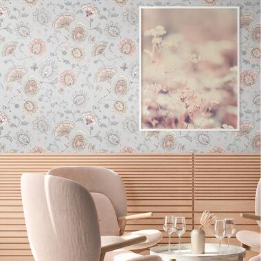 Livingwalls behangpapier - bloemmotief - grijs, roze en beige - 53 cm x 10,05 m product