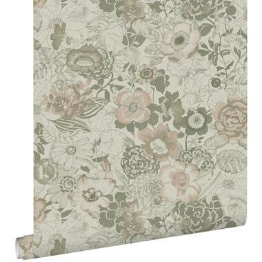 ESTAhome behangpapier - vintage bloemen - vergrijsd groen - 50 x 900 cm product