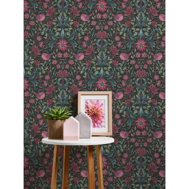 Livingwalls behangpapier - bloemmotief - zwart, roze, blauw en groen product