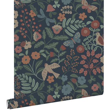 ESTAhome behang - bloemen en vogels - donkerblauw, roze en groen product