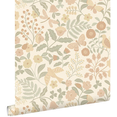 ESTAhome behang - bloemen en vogels - beige, groen en zacht roze product