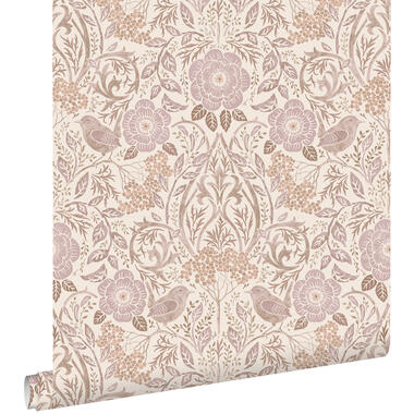 ESTAhome behangpapier - bloemen en vogels - zand beige en lila paars product