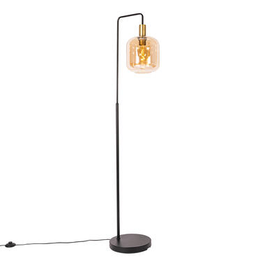 Qazqa lampadaire design noir avec laiton et verre ambré - zuzanna product