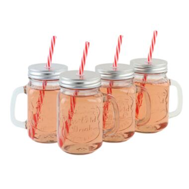 OTIX Mason jar Drinkbeker met Rietje Set van 4 Zilvere dop 450 ml product