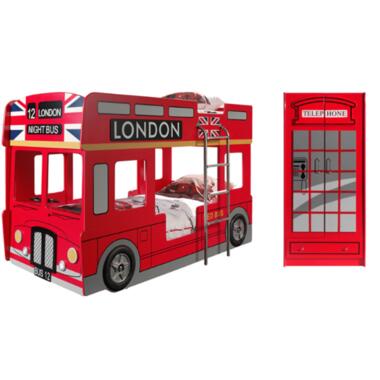 Stapelbed London bus 90x200 cm met LED-verlichting+ 2-deurs kleerkast-rood product