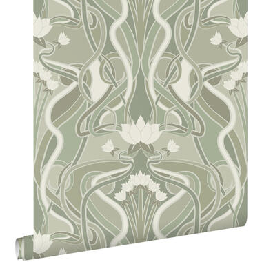 ESTAhome behang - vintage bloemen in art nouveau stijl - licht vergrijsd groen product