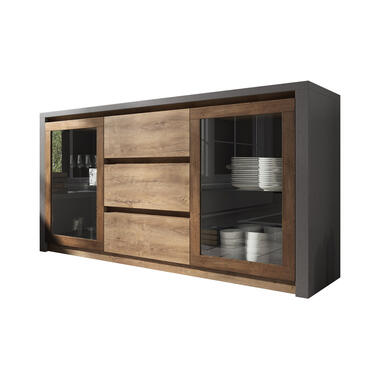 Meubella Dressoir Monaco - Eiken - Grijs - 140 cm - Met glas product