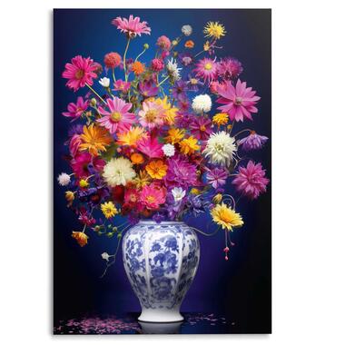 Glasschilderij - Delft Flowers - 116x78 cm Glas product