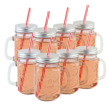 OTIX Mason jar Drinkbeker met Rietje Set van 8 Zilvere dop 450 ml product