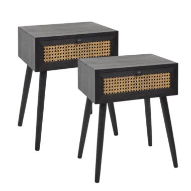 MISOU Table de chevet avec tiroir, ensemble de 2, Rotin Tressé, Bois Noir product