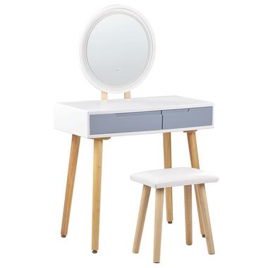 Coiffeuse blanc et gris avec 2 tiroirs un miroir à LED et un tabouret JOSSELIN product