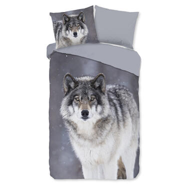 Good Morning Wolfie Flanel Dekbedovertrek Grijs-1-persoons (140 x 200/220 cm) product