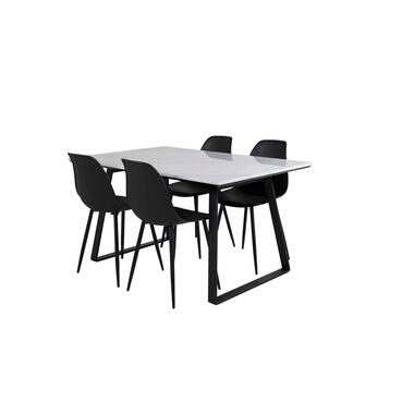 Hioshop Estelle eethoek eetkamertafel marmer wit en 4 Polar eetkamerstal zwart product