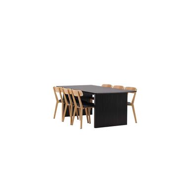 Hioshop Vail eethoek tafel zwart en 6 Sanjos stoelen naturel product