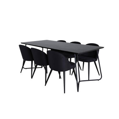 Hioshop PippiBL eethoek eetkamertafel zwart en 6 Velvet eetkamerstal zwart product